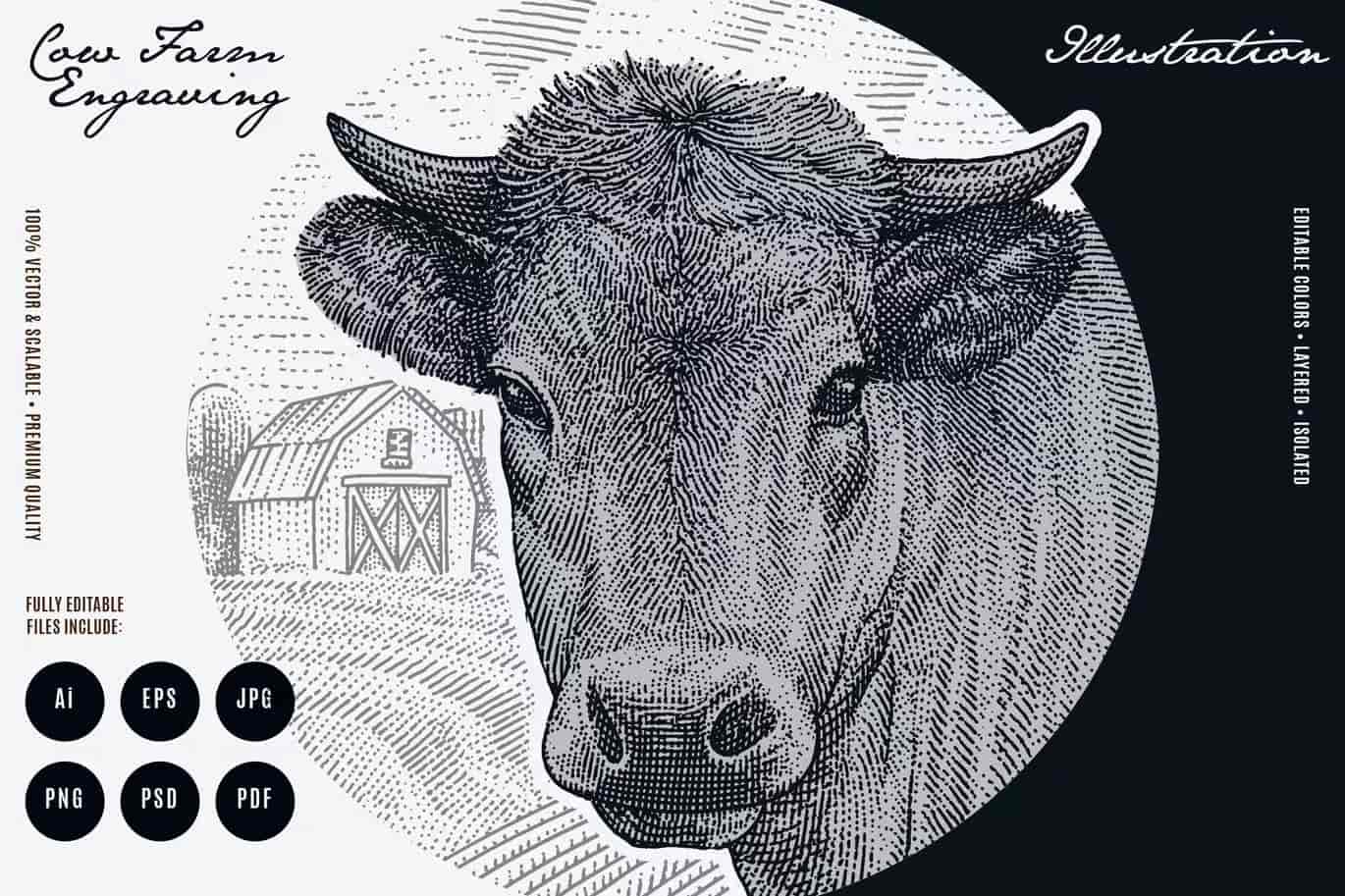 雕刻风格矢量牛年农场插画