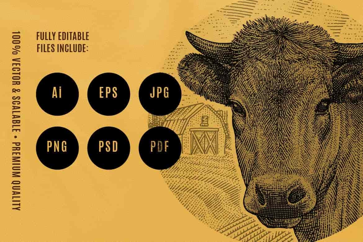 雕刻风格矢量牛年农场插画